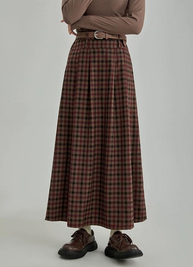 Plaid Pleated Maxi Skirt with Elastic Waist