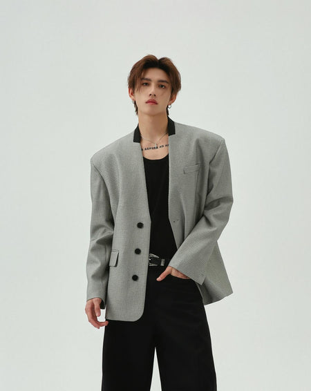 Oversized Houndstooth Pattern Single Breasted Blazer
