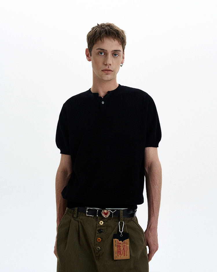 Waffle Textured Short Sleeve Henley Knit Lightweight Top