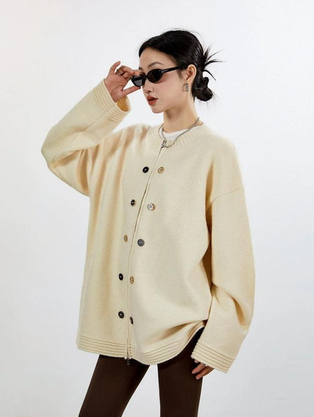 Ribbed Trim Zip-up Cardigan with Button Details - nightcity clothing