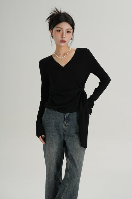 Long Sleeve V-Neck Wrap Knotted Side Tie Top