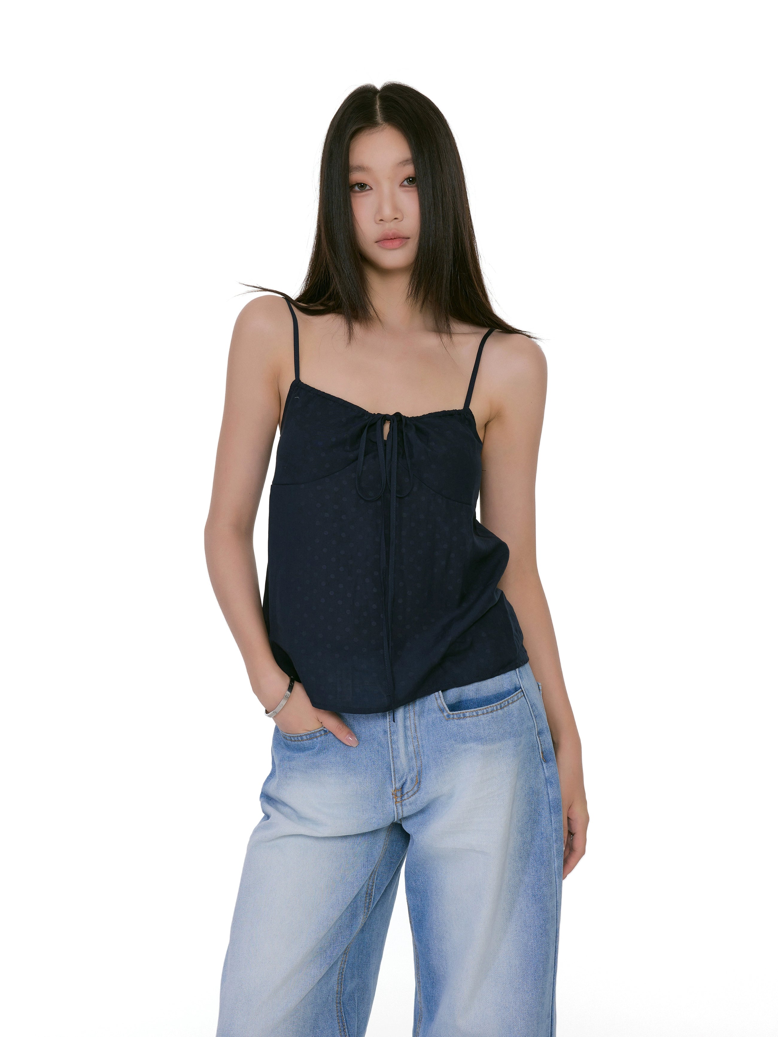 Tie Front Polka Dot Spaghetti Strap Cami Top