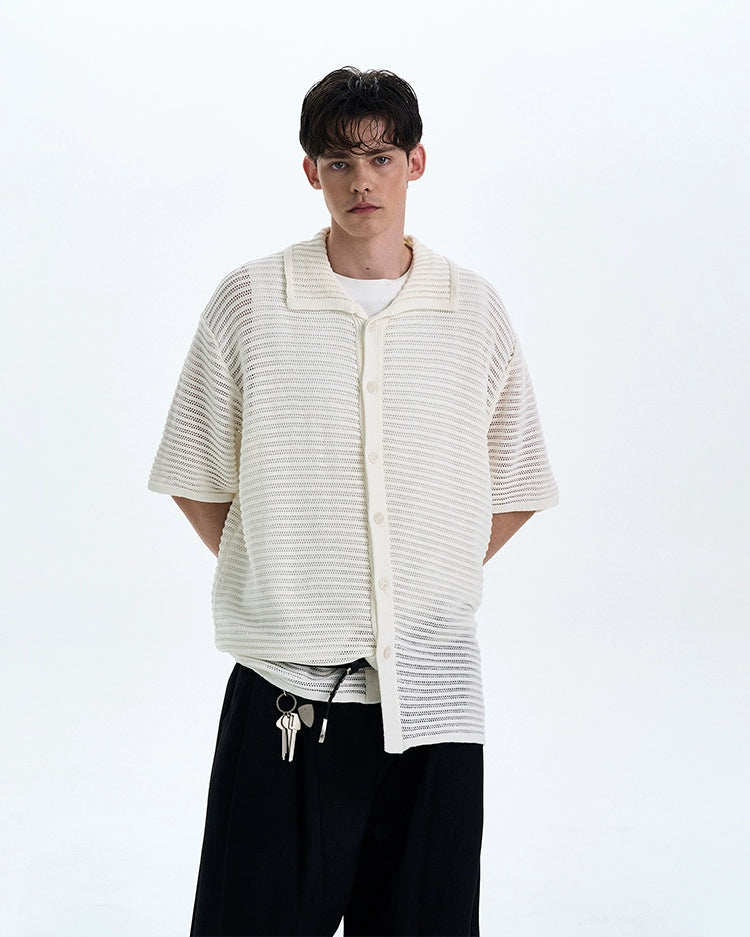 Textured Open Knit Button-Up Short Sleeve Shirt