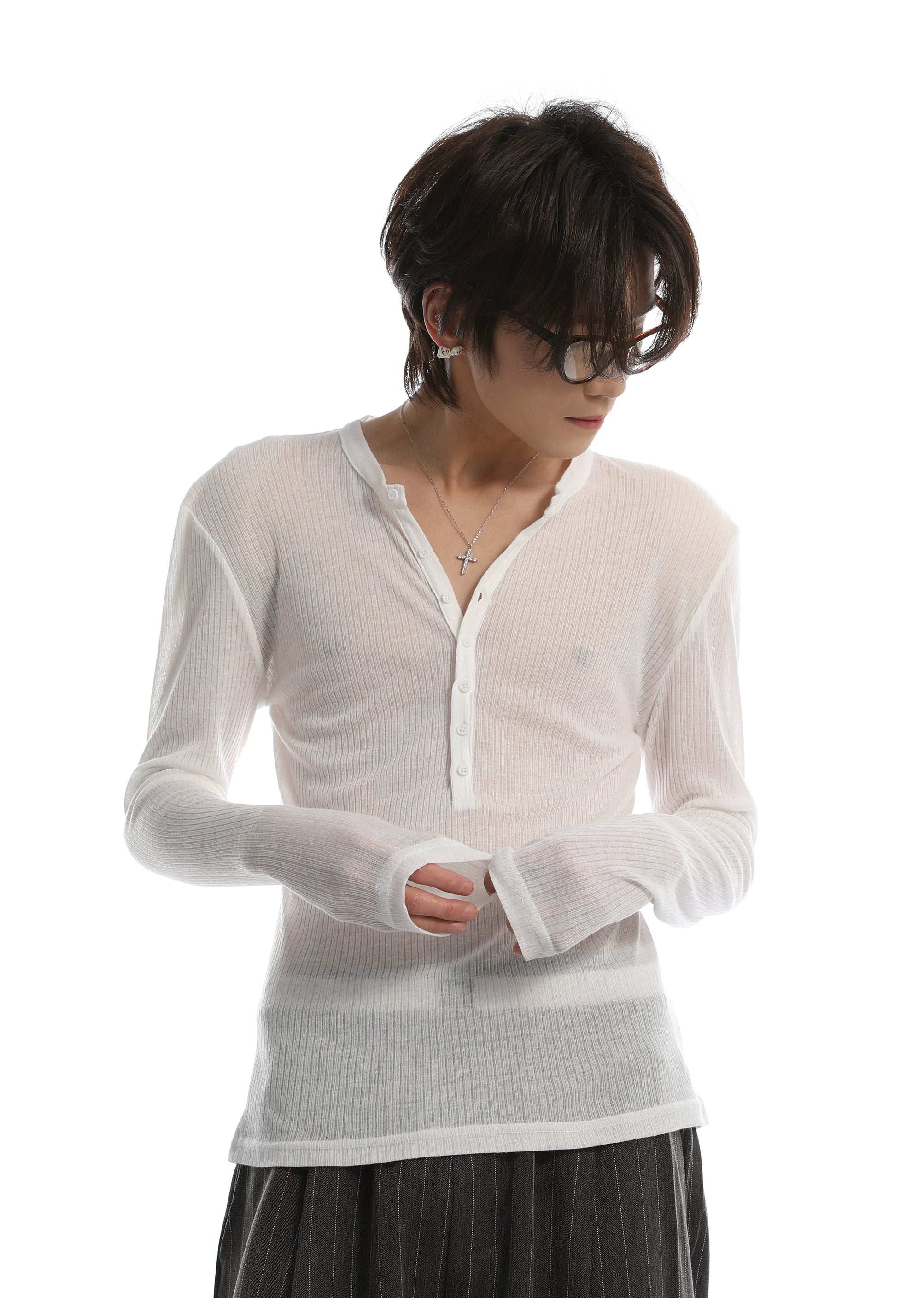 Sheer Ribbed Long Sleeve Henley Shirt