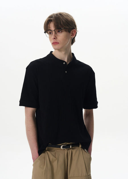 Ribbed Henley Collar Short Sleeve Knit Top