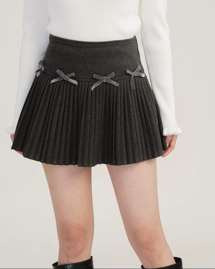 Pleated High-Waist Mini Skirt with Bow Accents