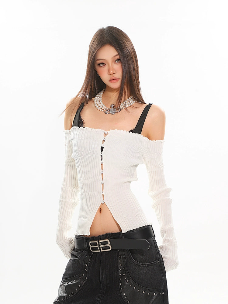 Off-Shoulder Ribbed Crop Top with Pearl Button Detail