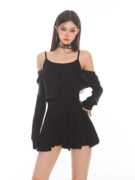 Sleeveless Crop Top and Pleated Shorts with Cardigan Tee Three-Piece Set