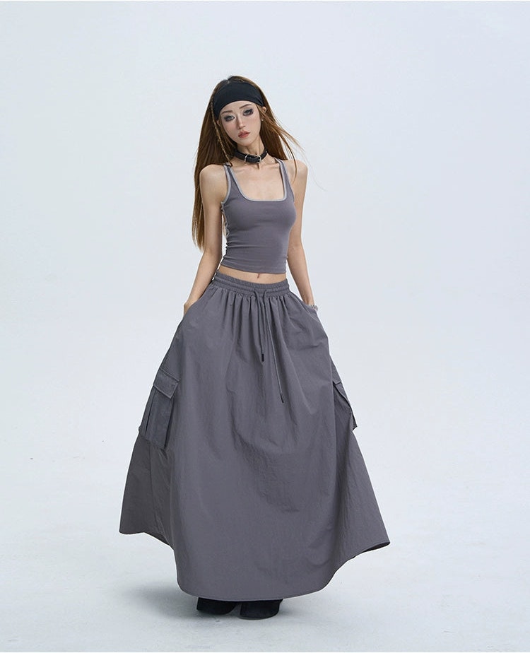 Cargo Drawstring Pocketed Maxi Skirt