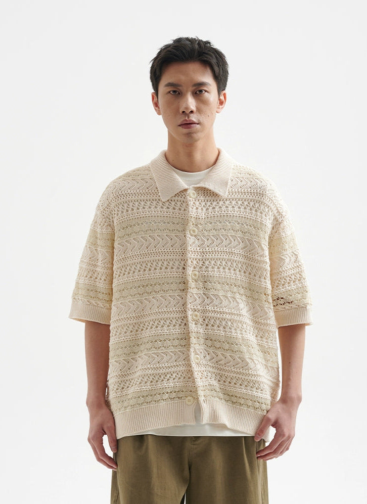 Open Knit Button-Up Shirt with Ribbed Hem