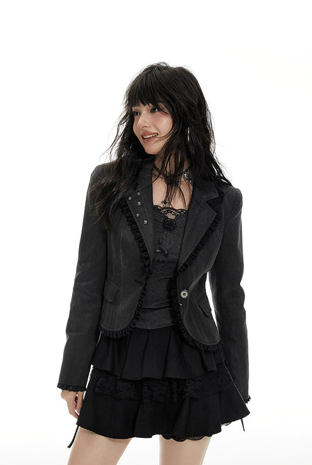 Ruffle Trim Tailored Blazer with Stud Accents