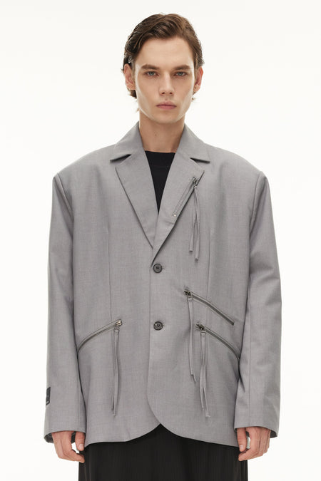 Oversized Single Breasted Blazer with Tassel Zip Details