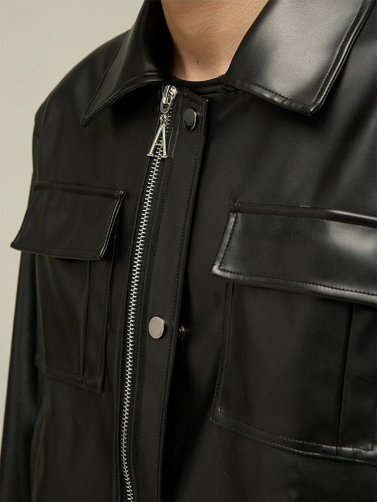 Classic Leather Jacket with Oversized Pockets