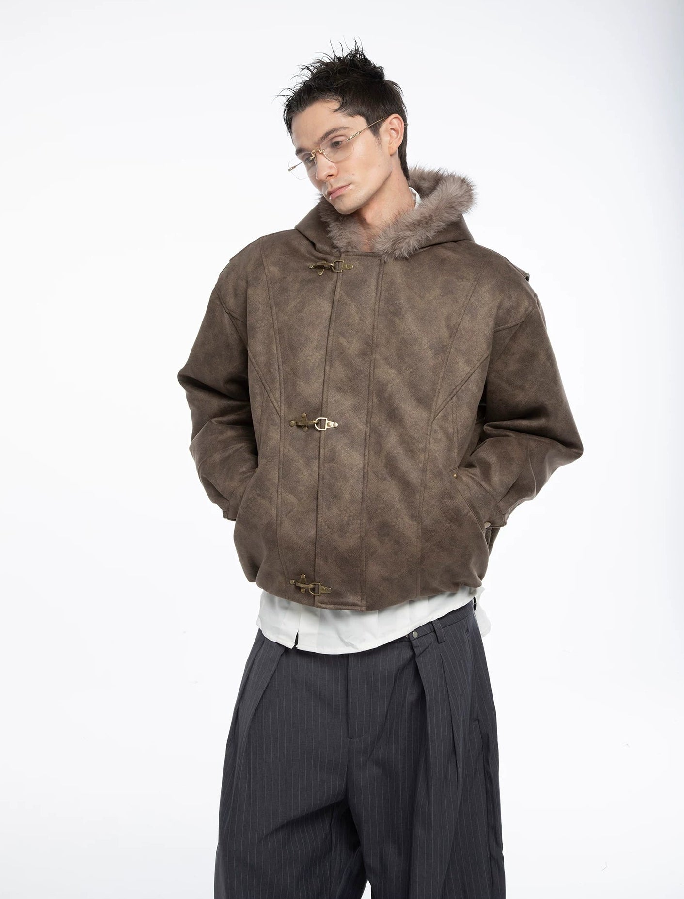 Fireman Buckle Hooded Faux Fur Trim Leather Jacket