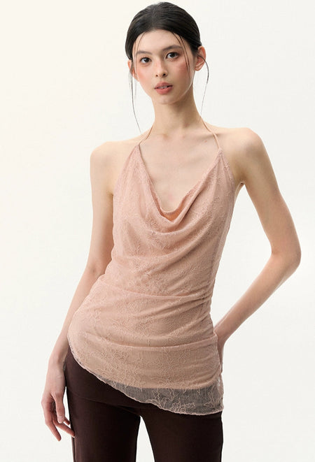 Sheer Lace Low Cowl-Neck Halter Top - nightcity clothing