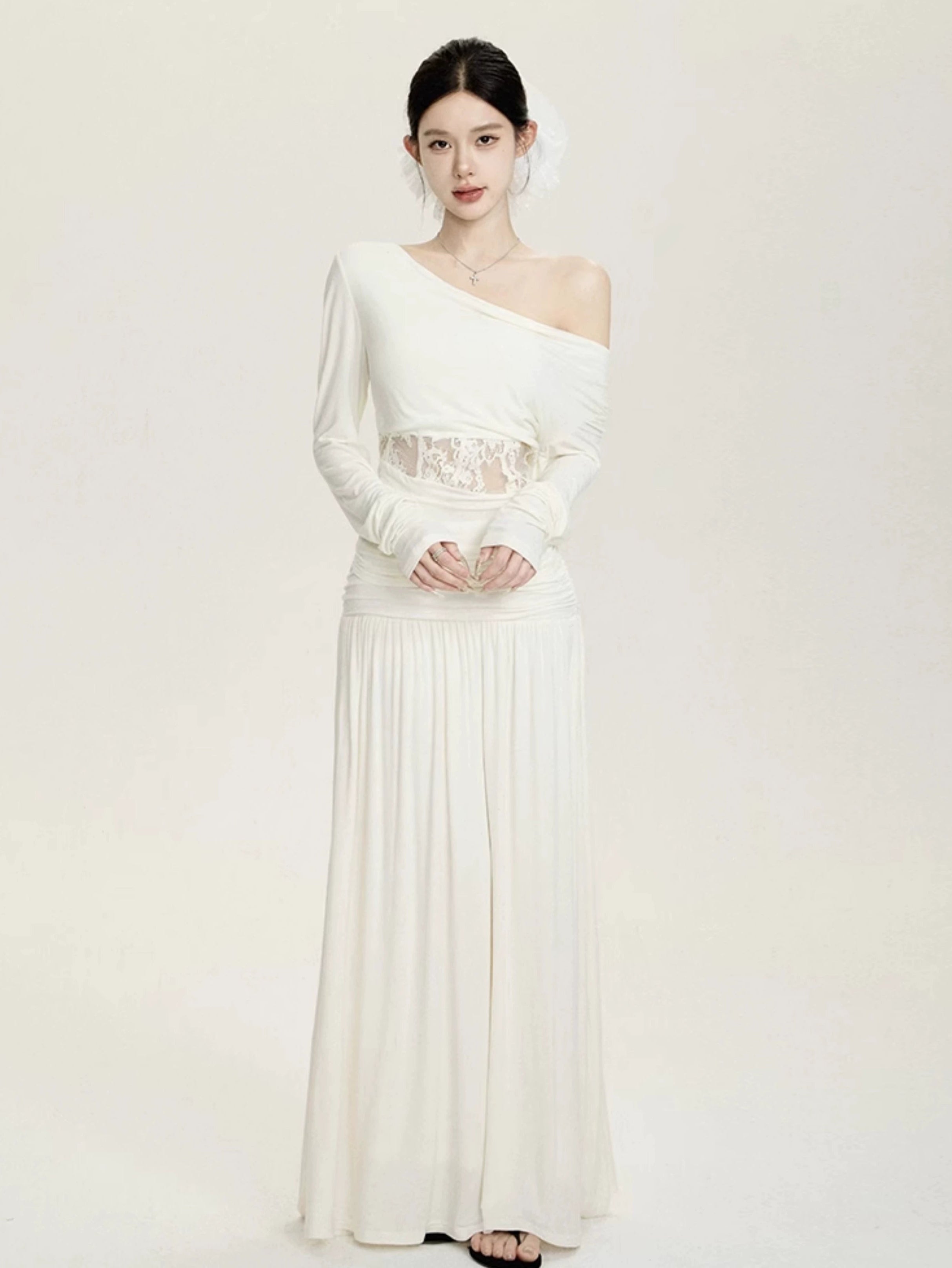 Off Shoulder Lace Panel Top and Ruched Waist Maxi Skirt Two-Piece Set