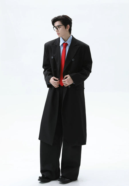 Double Breasted Longline Overcoat with Structured Shoulders - nightcity clothing