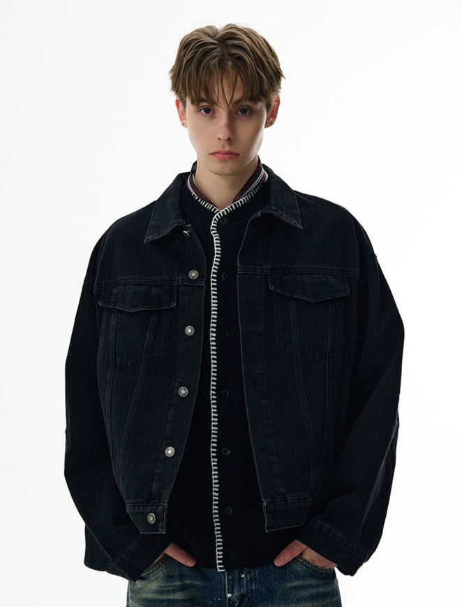 Slim Retro Button-Front Denim Jacket with Flap Pockets