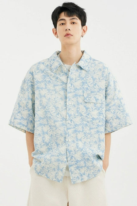 Tropical Leaf Print Short Sleeve Button-Up Shirt - nightcity clothing