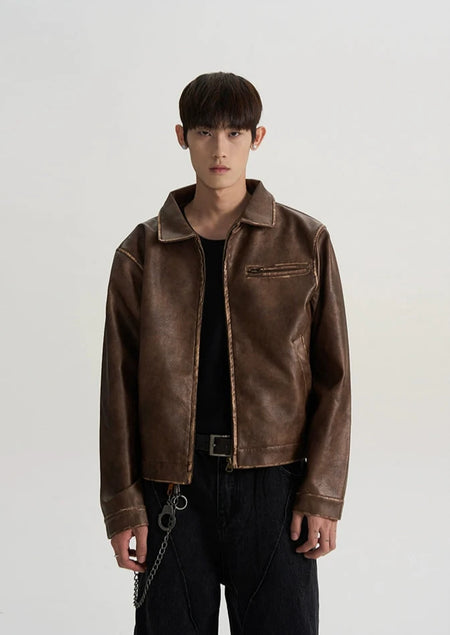 Vintage Leather Jacket with Zip Pocket - nightcity clothing