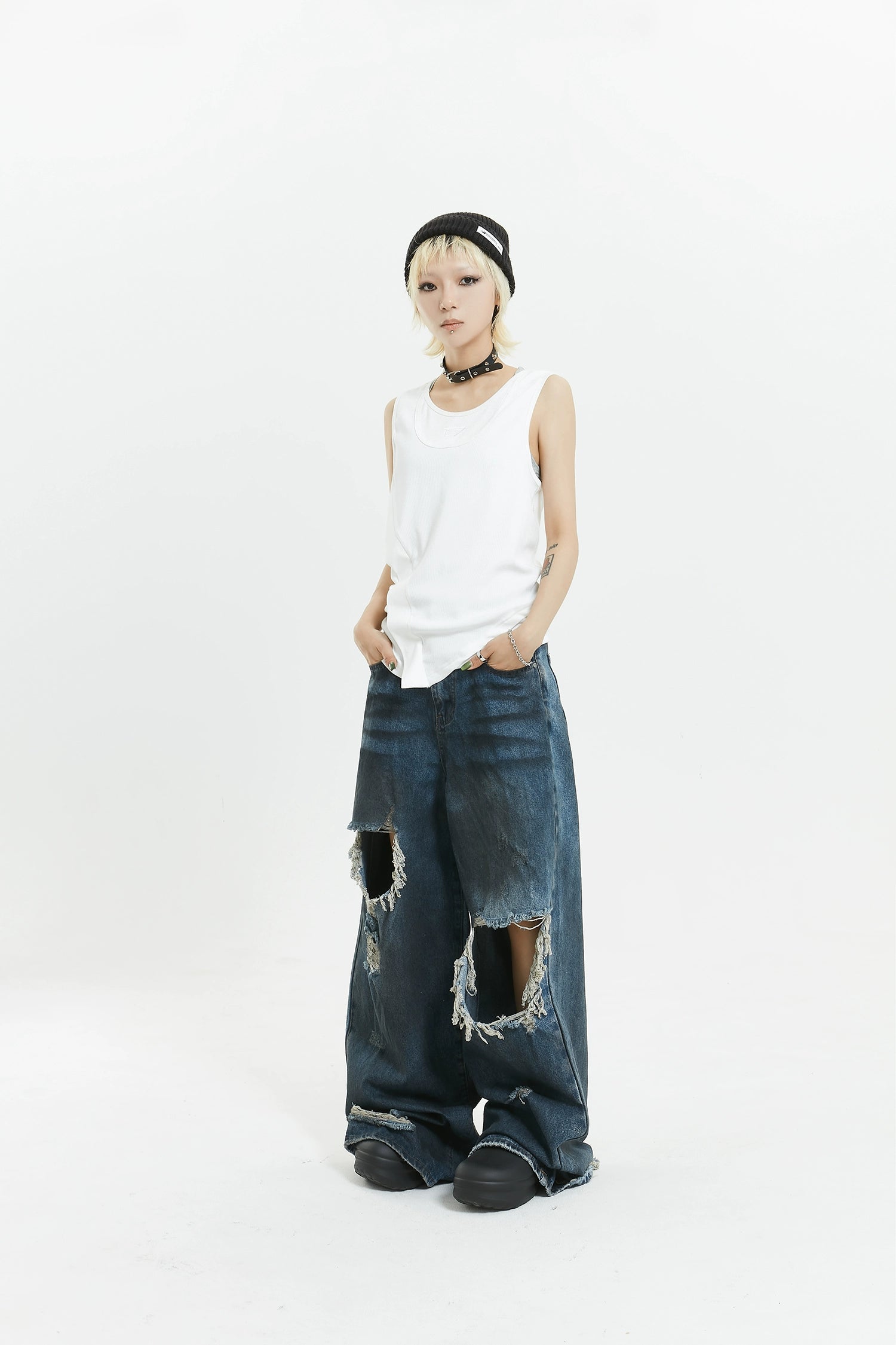 Wide-Leg Distressed Knee-Blown Denim Jeans