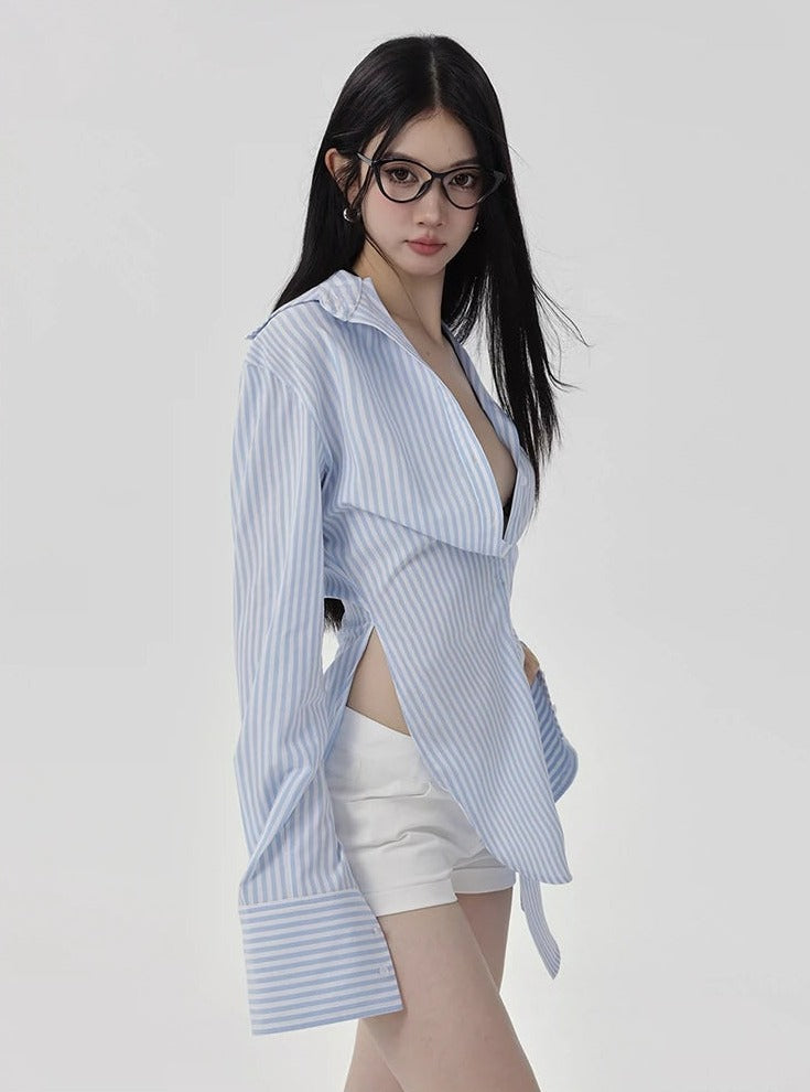 Striped Long-Sleeve Oversized Button-Up Shirt