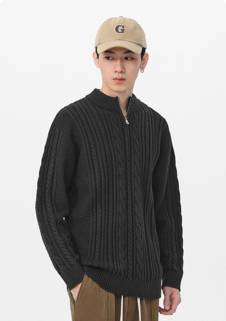 Cable Knit Zip-Up Mock Neck Sweater