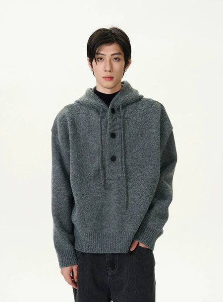 Textured Half Button Ribbed Hem Knit Hoodie