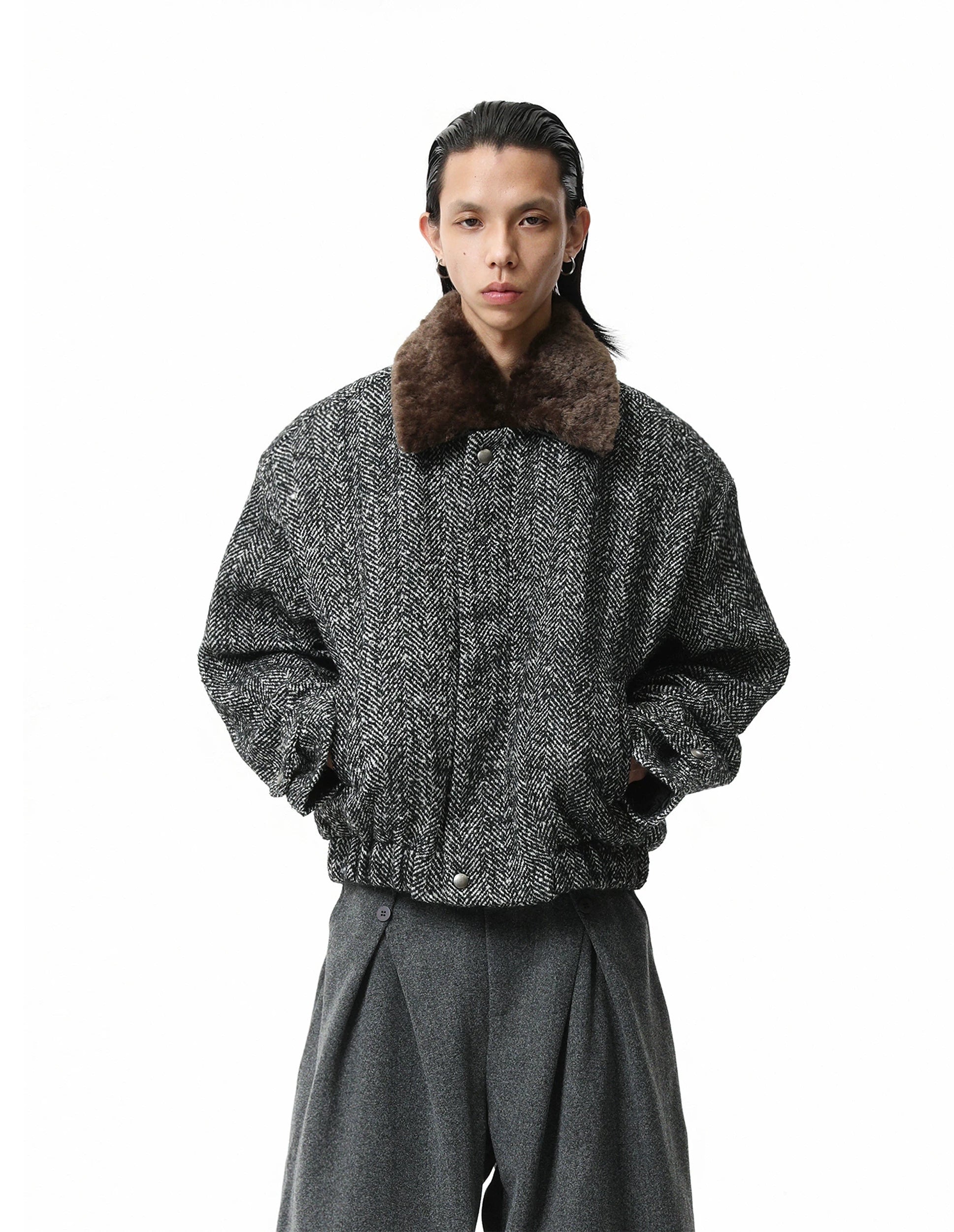 Boxy Herringbone Pattern Jacket with Detachable Faux Fur Collar - nightcity clothing