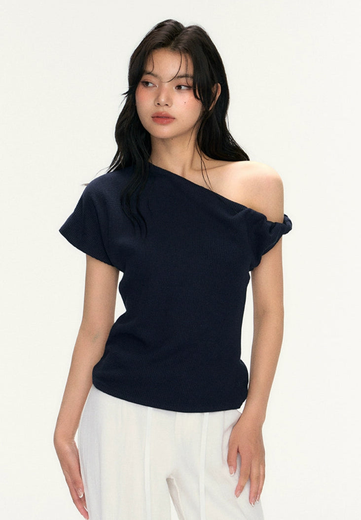 Asymmetric One Shoulder Ribbed Knit Top