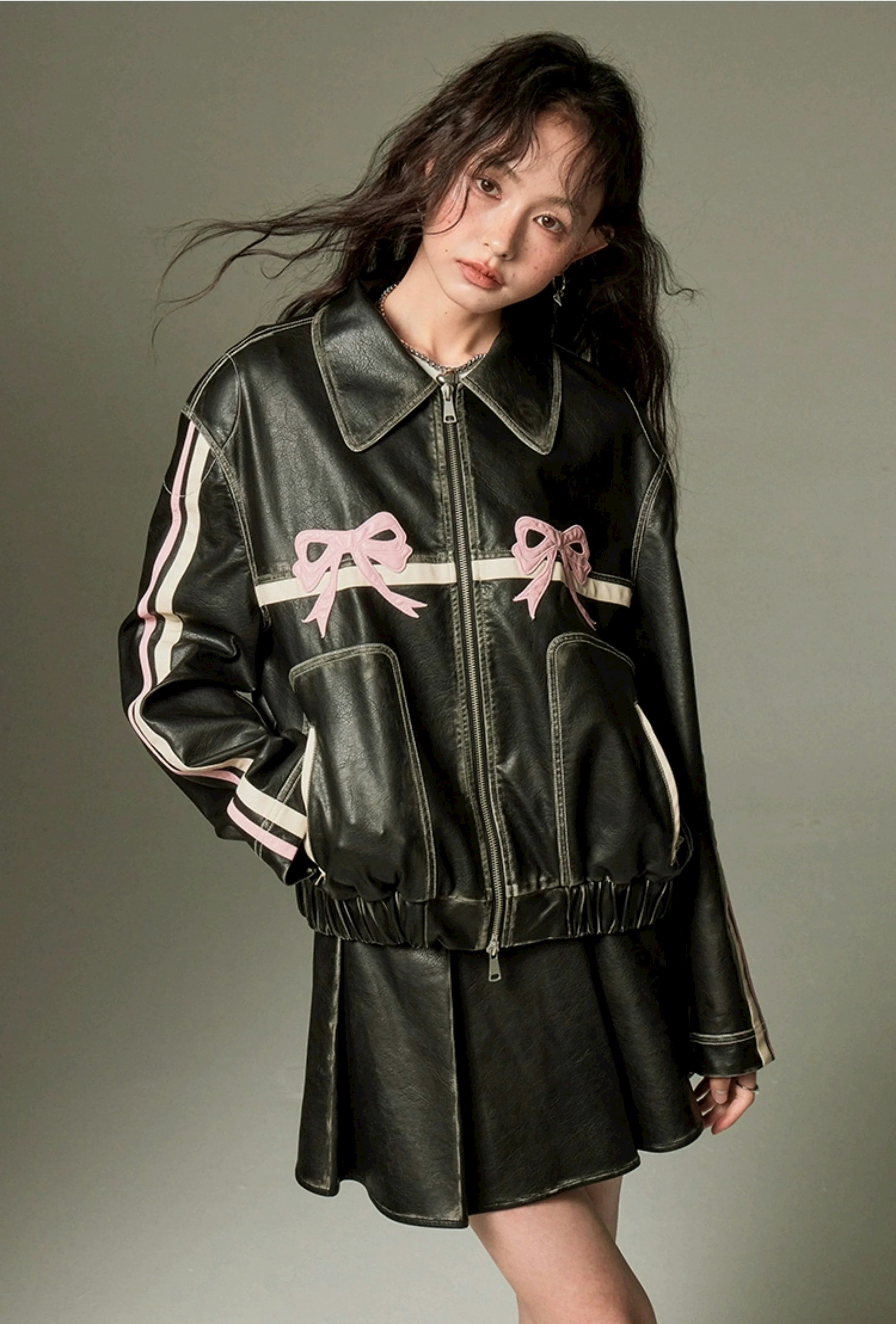 Faux Leather Jacket with Embroidered Ribbon Bow Detail