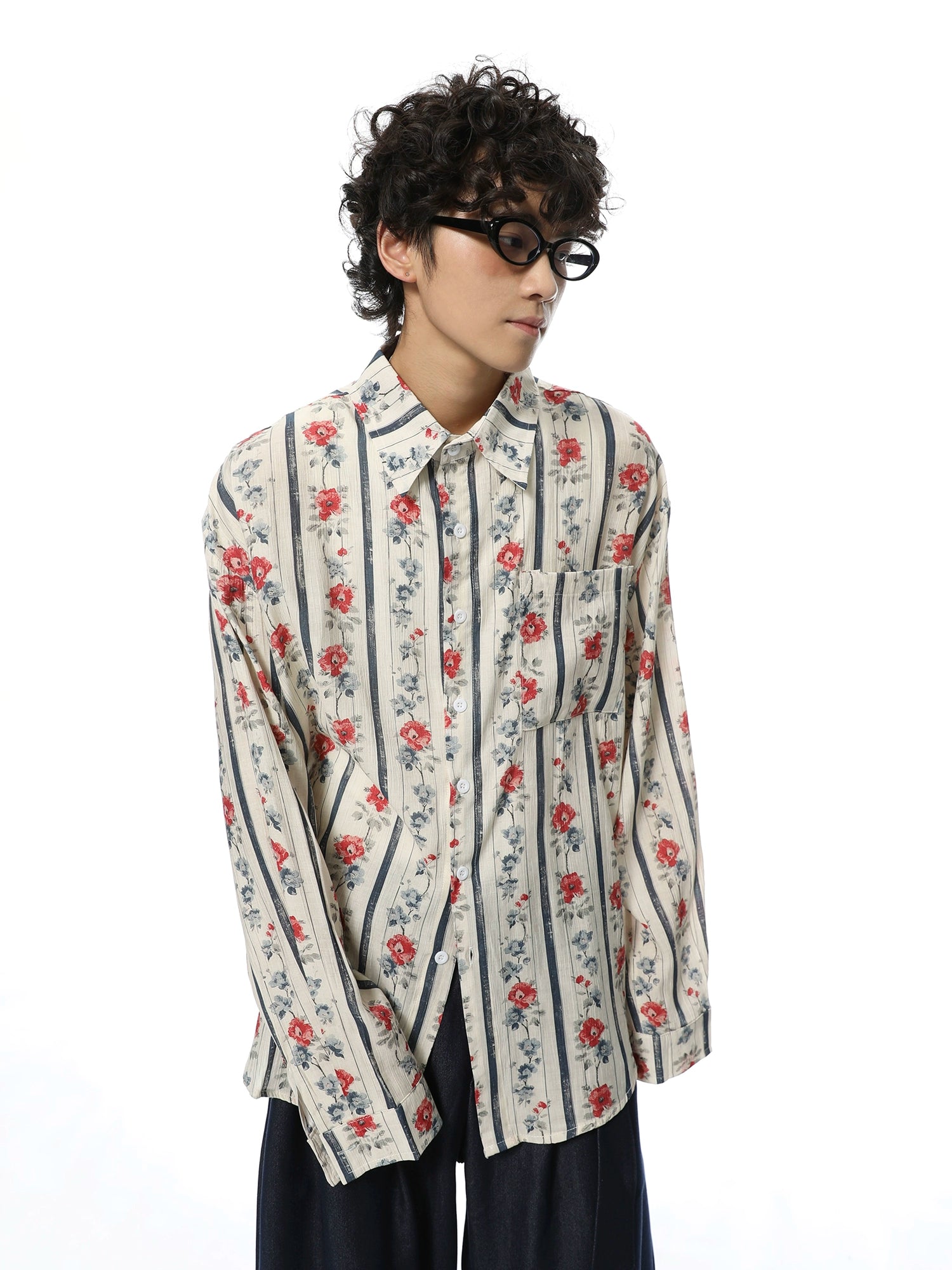 Floral Stripe Print Oversized Button-Up Shirt