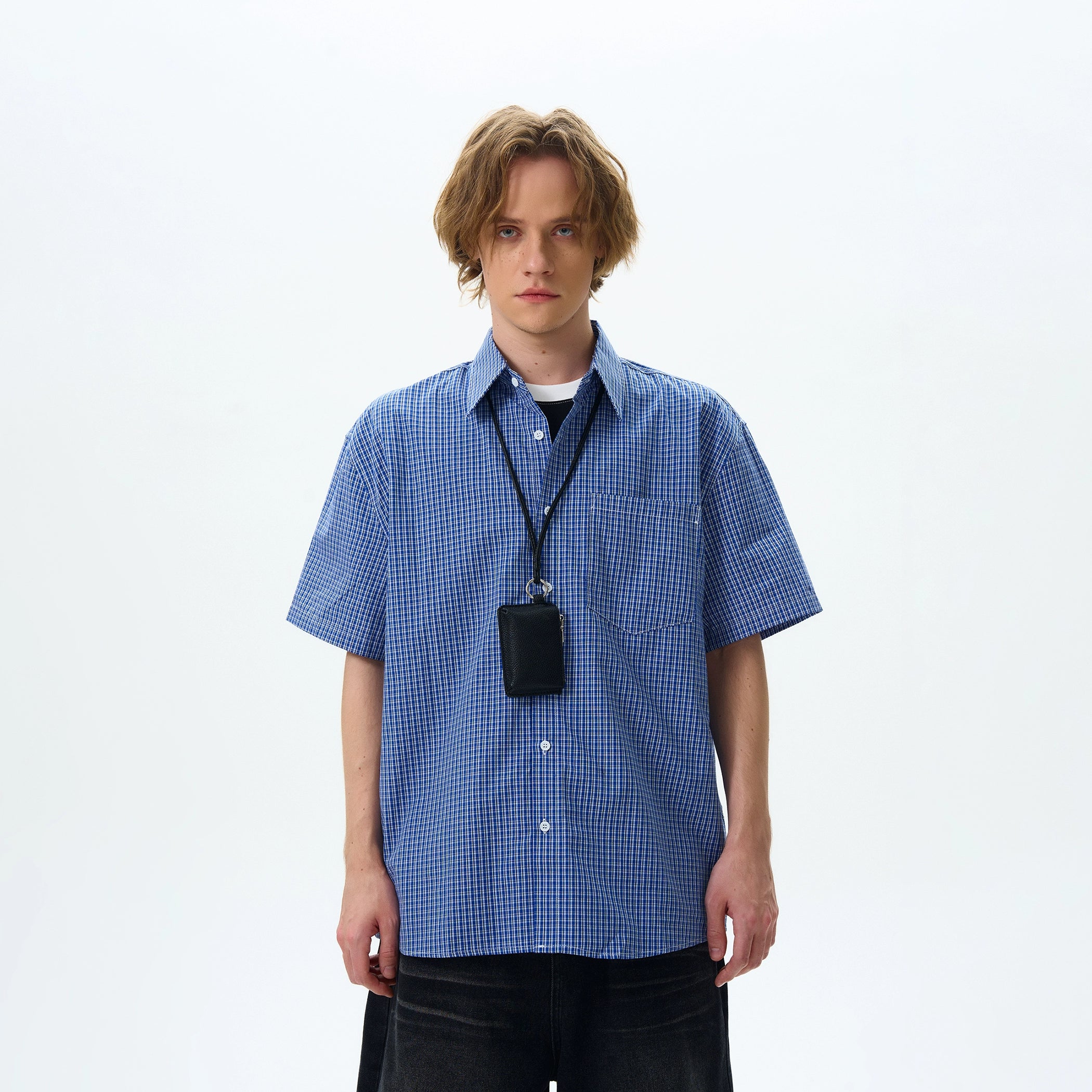 Checker Short Sleeve Button Shirt with Chest Pocket