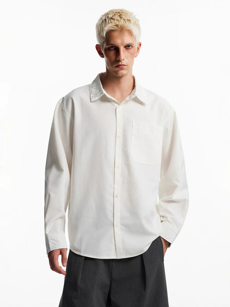 Boxy Long Sleeve Shirt with Embroidered Collar Pattern