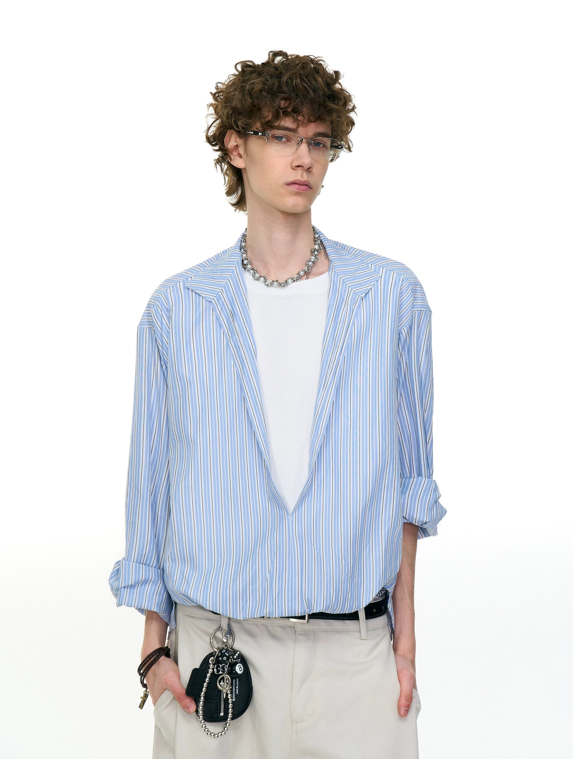 Oversized Stripe Buttonless Deep V-Neck Shirt