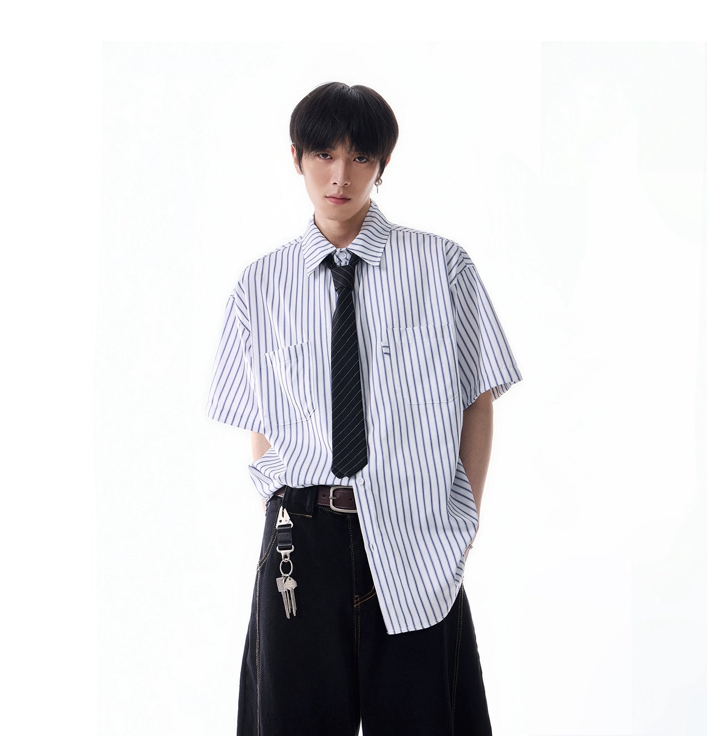 Oversized Stripe Short Sleeve Button Shirt with Chest Pockets