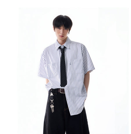 Oversized Stripe Short Sleeve Button Shirt with Chest Pockets - nightcity clothing