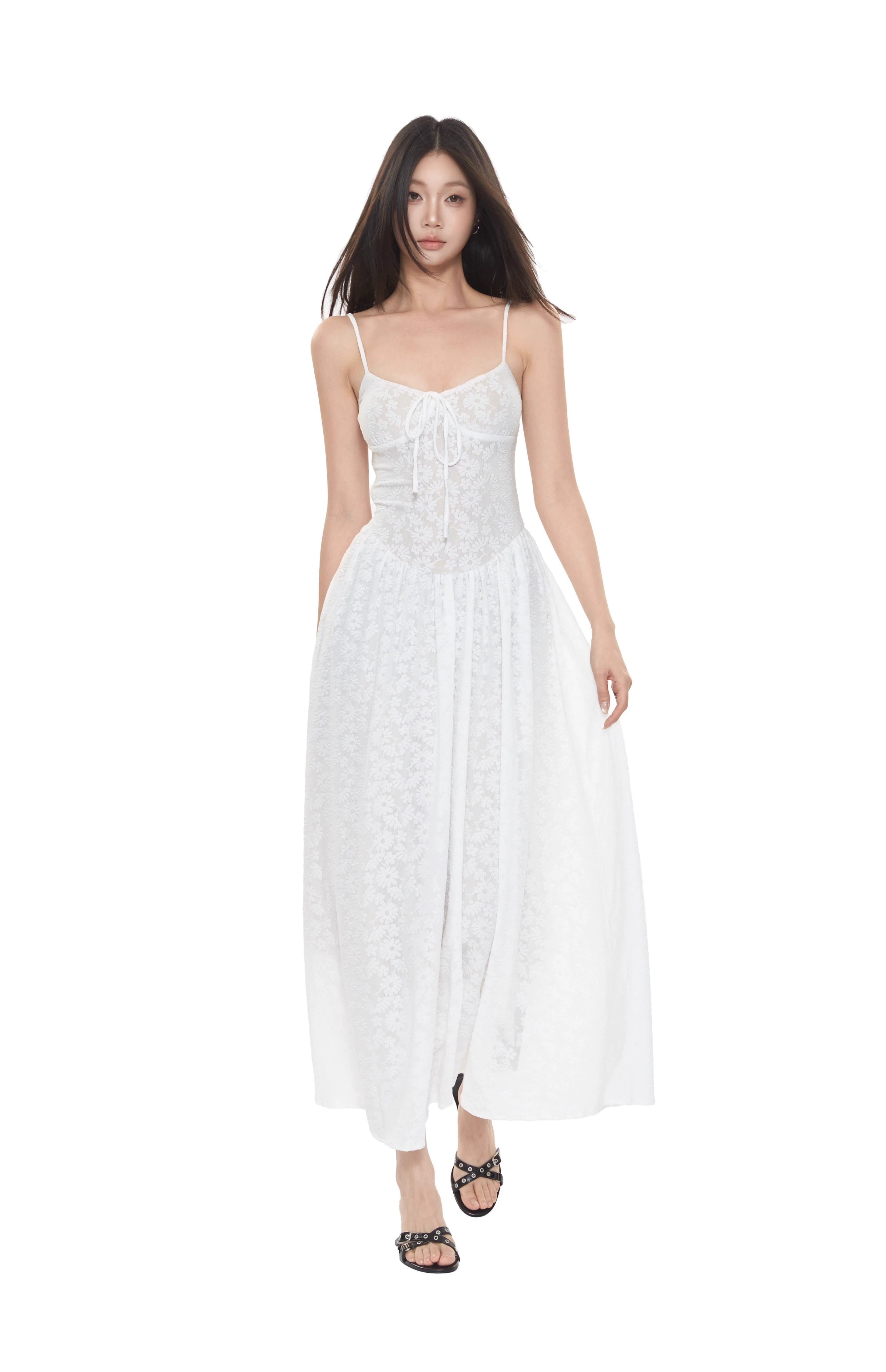 Lace Embroidered Maxi Dress with Adjustable Spaghetti Straps