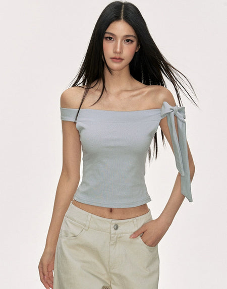 Off Shoulder Ribbed Knit Top with Side Bow Detail - nightcity clothing