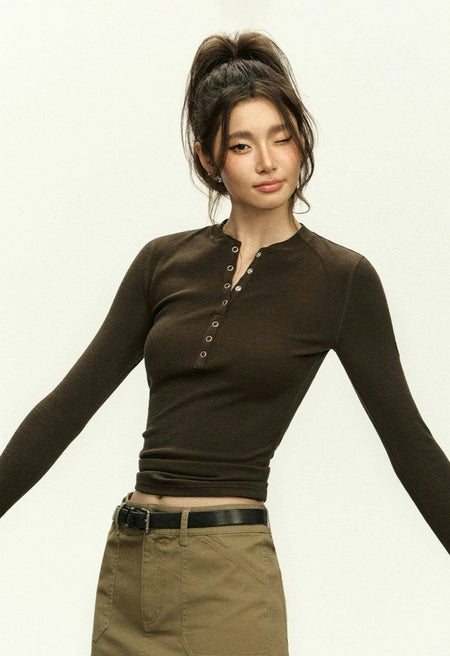 Ribbed Long Sleeve O-Neck Henley Top