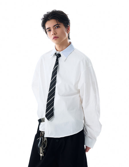Double Contrast Stripe Collar Long Sleeve Button Shirt