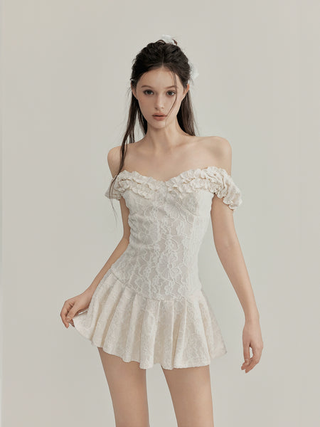 Ruffle Lace Off Shoulder Pleated Mini Dress - nightcity clothing