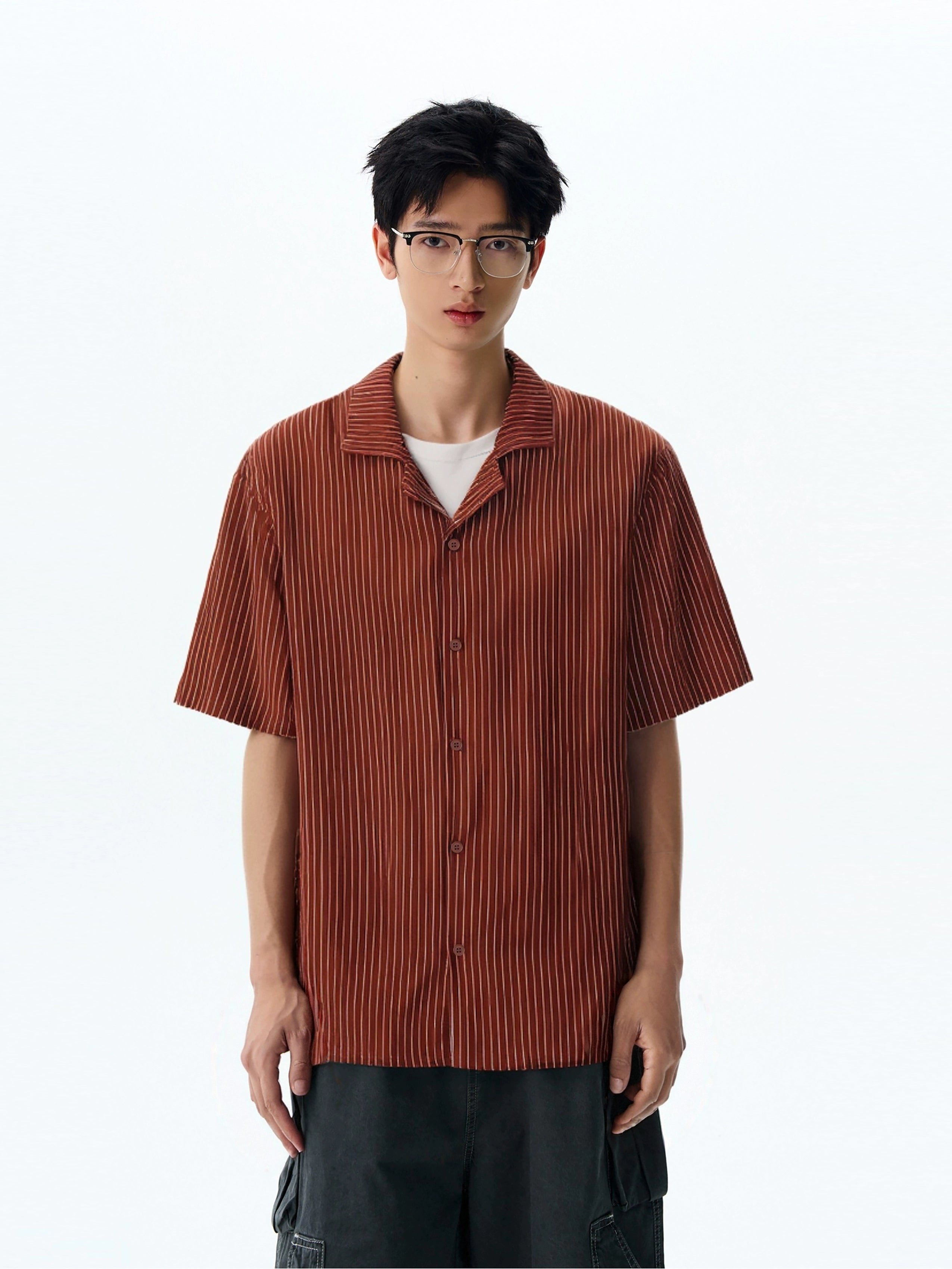 Pinstripe Camp Collar Short Sleeve Button Shirt