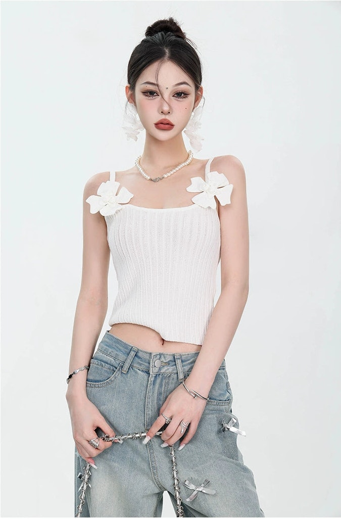 Ribbed Knit Crop Top with Floral Shoulder Accent