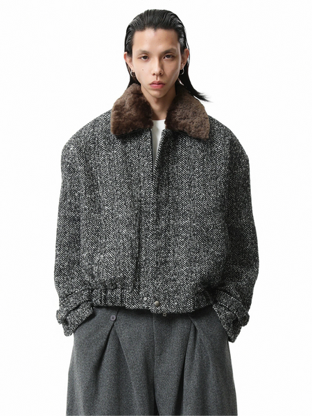 Boxy Herringbone Pattern Jacket with Detachable Faux Fur Collar - nightcity clothing