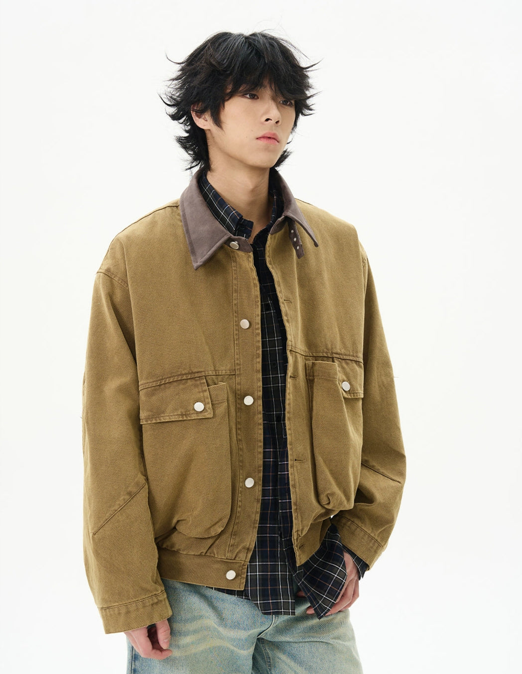 Oversized Worker Button Jacket with Contrast Collar