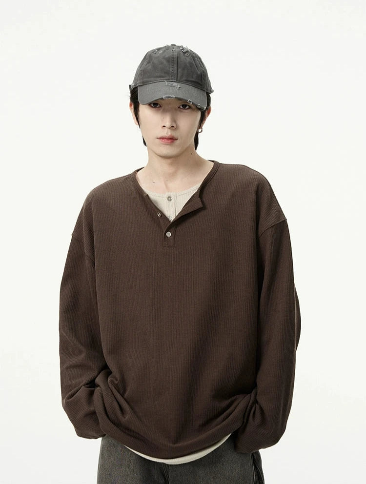 Oversized Mock-Layered Ribbed Knit Henley Top