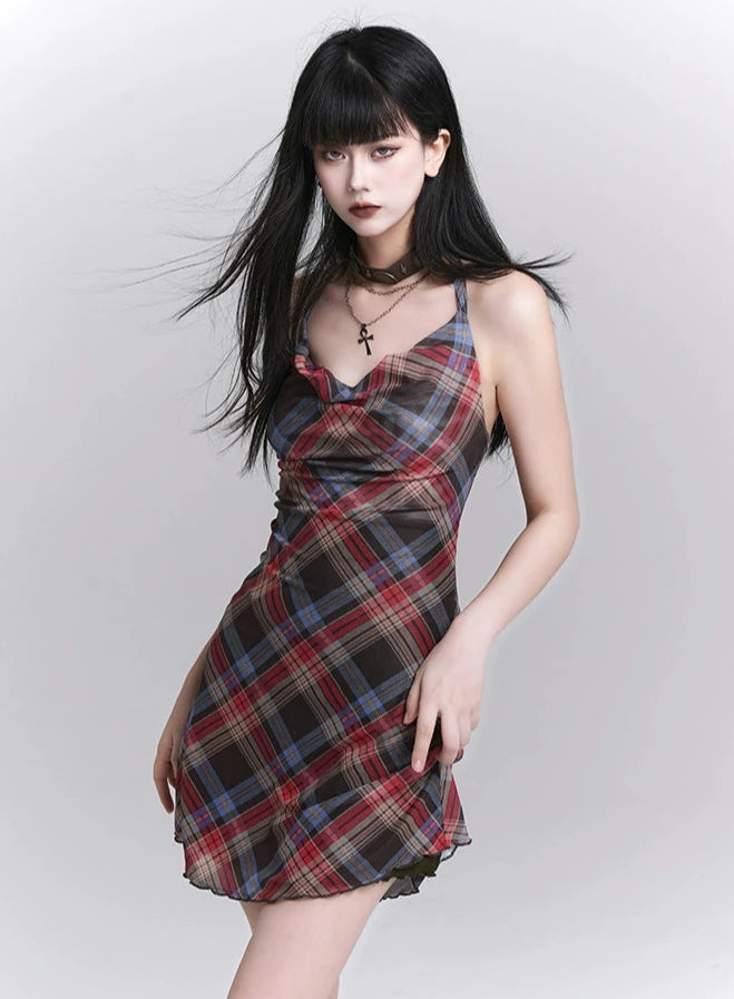 Plaid Cowl Neck Sleeveless Ruched Mini Dress