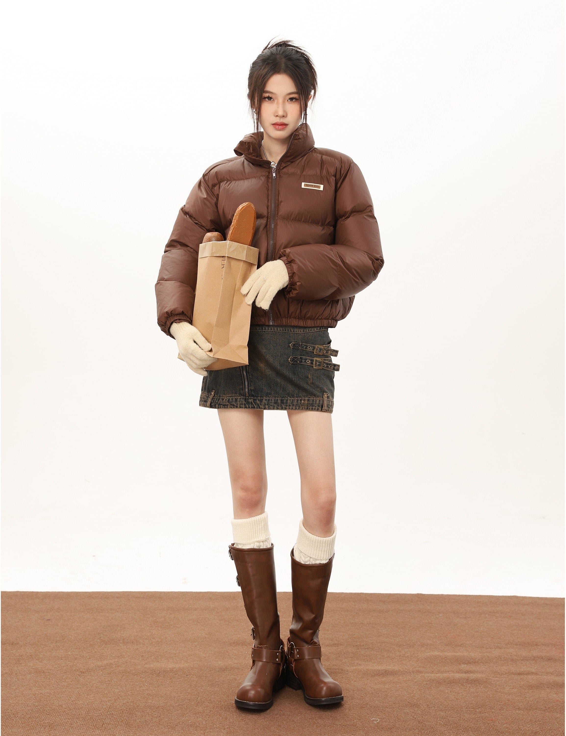 Slim Mid-Crop Puffer Jacket with High Collar