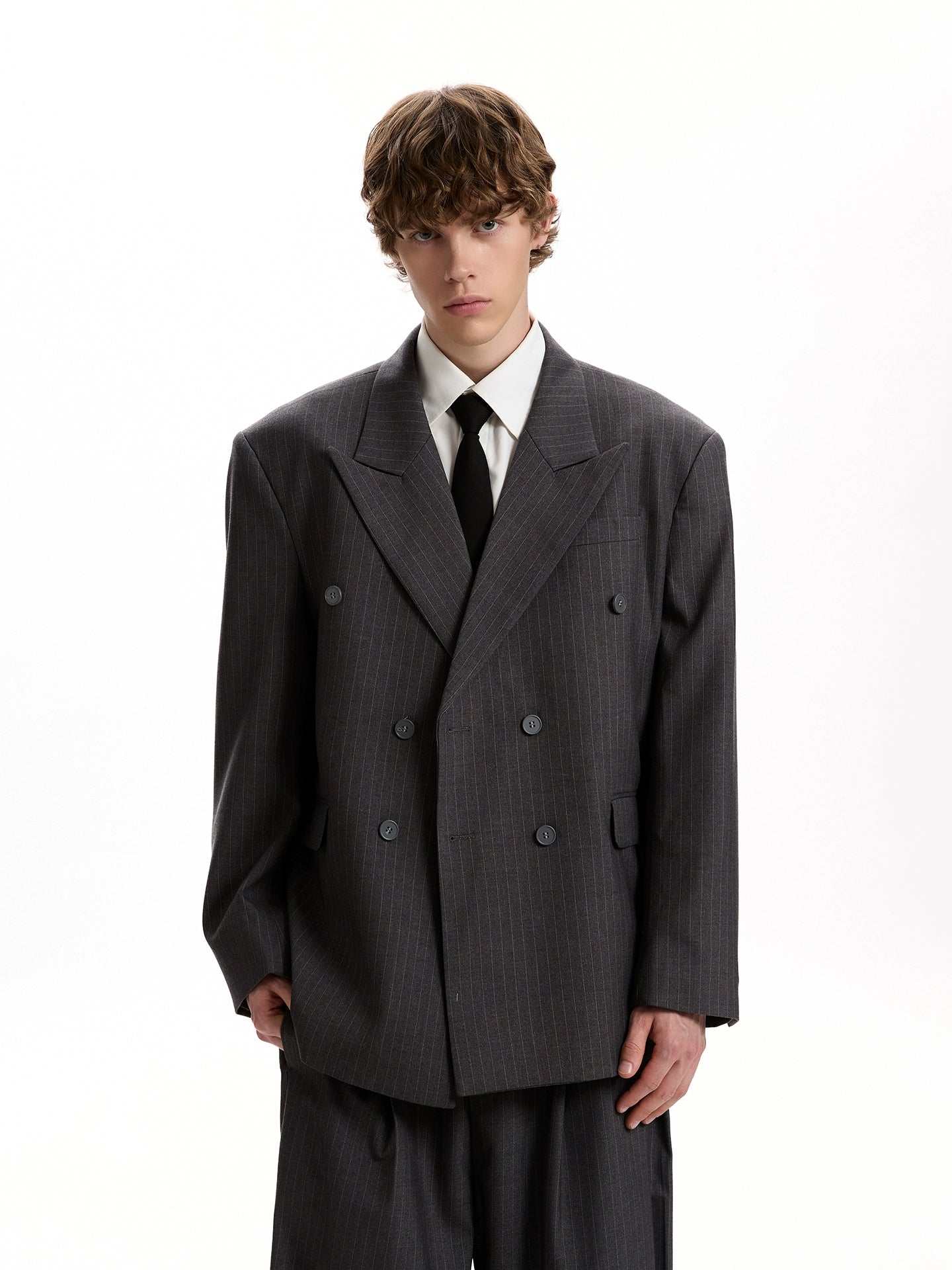 Boxy Double-Breasted Pinstripe Blazer and Wide Leg Pleated Pants Two-Piece Set